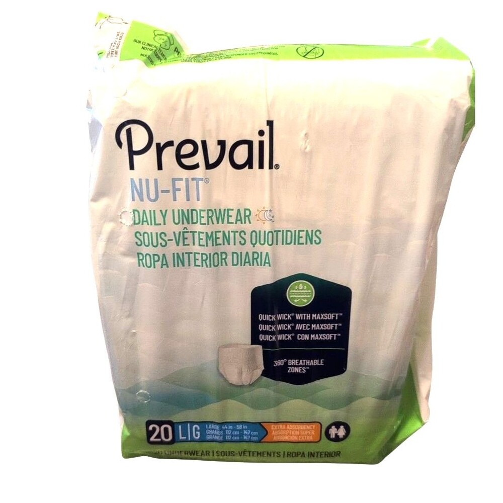 Prevail Nu-Fit Adult Underwear Large (44–58”) 20 Count Bag Maximum Absorbency